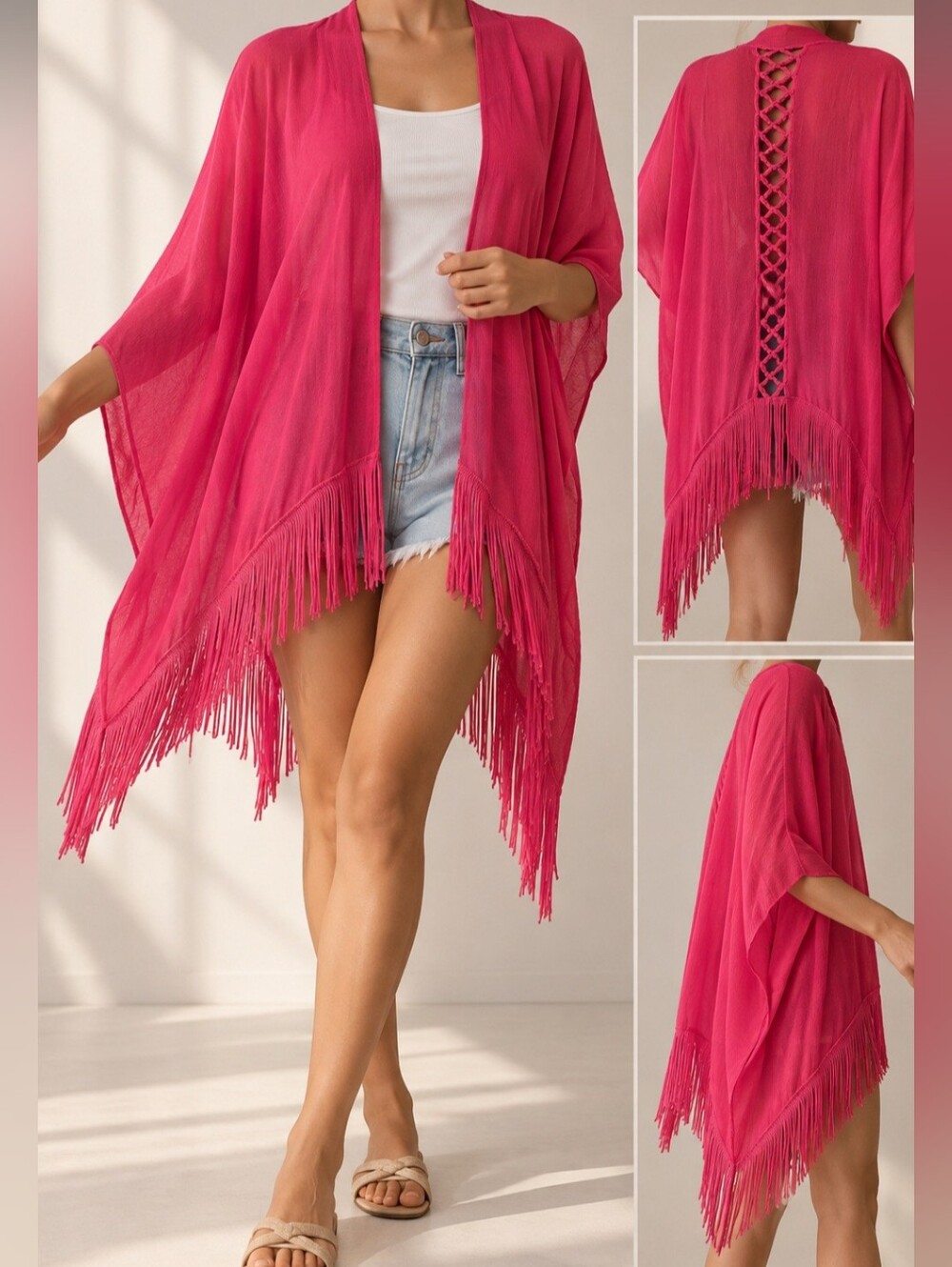 Guess Hot Pink Fringe Open-Front Kimono